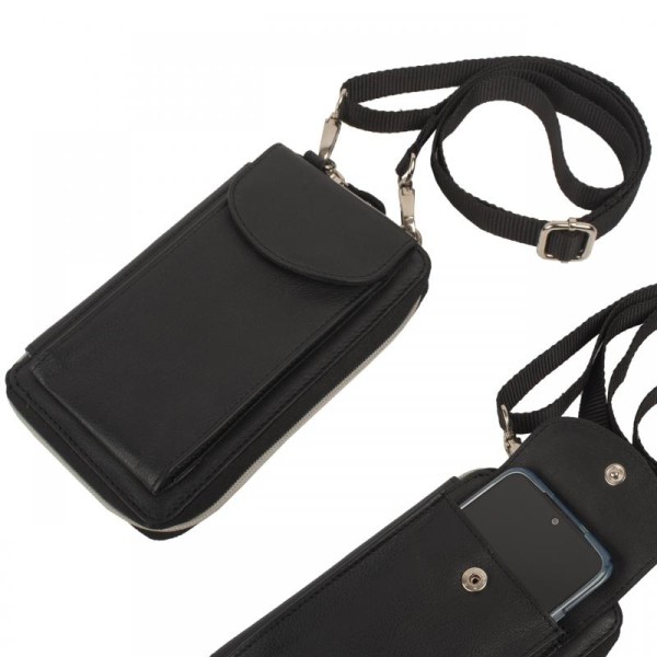 Smartphone Umhängetasche Rindleder schwarz Karten- & Kleingeldfach